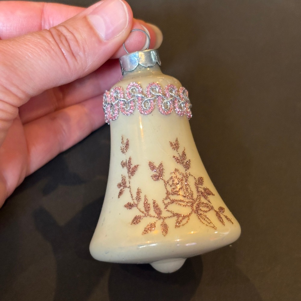 Vintage West Germany Glass Bell Christmas Ornament Cream Pink Floral Rose